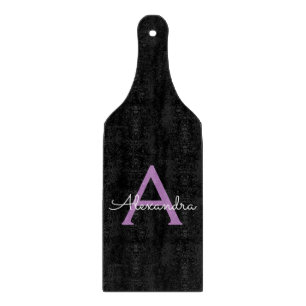 Purple Black Script Girly Monogram Name Cutting Board