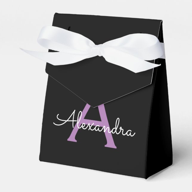 Purple Black Script Girly Monogram Name Favor Box (Front Side)