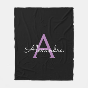 Purple Black Script Girly Monogram Name Fleece Blanket