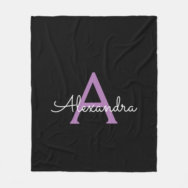 Purple Black Script Girly Monogram Name Fleece Blanket (Front)
