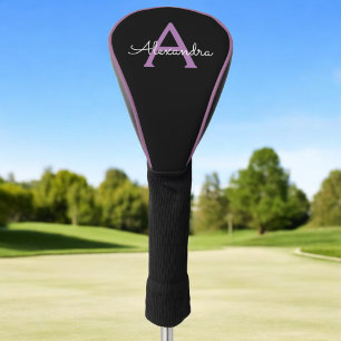 Purple Black Script Girly Monogram Name Golf Head Cover
