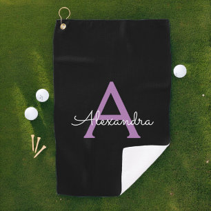 Purple Black Script Girly Monogram Name Golf Towel