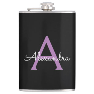 Purple Black Script Girly Monogram Name Hip Flask