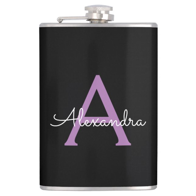 Purple Black Script Girly Monogram Name Hip Flask (Front)