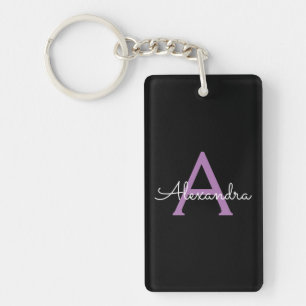 Purple Black Script Girly Monogram Name Keychain