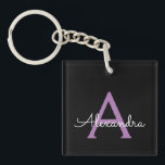 Purple Black Script Girly Monogram Name Keychain<br><div class="desc">Black and Purple Simple Script Monogram Name Keychain. This makes the perfect sweet 16 birthday,  wedding,  bridal shower,  anniversary,  baby shower or bachelorette party gift for someone that loves glam luxury and chic styles.</div>