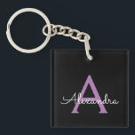 Purple Black Script Girly Monogram Name Keychain<br><div class="desc">Black and Purple Simple Script Monogram Name Keychain. This makes the perfect sweet 16 birthday,  wedding,  bridal shower,  anniversary,  baby shower or bachelorette party gift for someone that loves glam luxury and chic styles.</div>