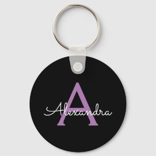 Purple Black Script Girly Monogram Name Keychain