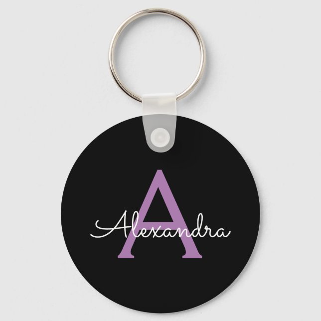 Purple Black Script Girly Monogram Name Keychain (Front)