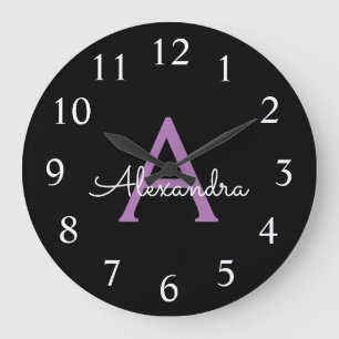 Purple Black Script Girly Monogram Name Large Clock