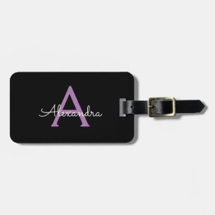 Purple Black Script Girly Monogram Name Luggage Tag