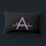 Purple Black Script Girly Monogram Name Lumbar Pillow<br><div class="desc">Purple and Black Monogram Add Your Own Name Lumbar Pillow. This makes the perfect sweet 16 birthday,  wedding,  bridal shower,  anniversary,  baby shower or bachelorette party gift for someone that loves glam luxury and chic styles.</div>