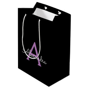 Purple Black Script Girly Monogram Name Medium Gift Bag