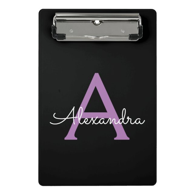 Purple Black Script Girly Monogram Name Mini Clipboard (Front)