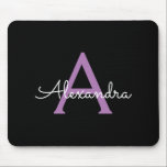 Purple Black Script Girly Monogram Name Mouse Pad<br><div class="desc">Purple and Black Monogram Add Your Own Name Mousepad (Mouse Pad). This makes the perfect sweet 16 birthday, wedding, bridal shower, anniversary, baby shower or bachelorette party gift for someone that loves glam luxury and chic styles.</div>
