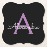 Purple Black Script Girly Monogram Name Paper Coaster<br><div class="desc">Black and Purple Simple Script Monogram Name Paper Coasters. This makes the perfect graduation,  birthday,  wedding,  bridal shower,  anniversary,  baby shower or bachelorette party gift for someone that loves glam luxury and chic styles.</div>