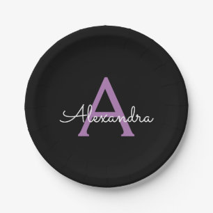 Purple Black Script Girly Monogram Name Paper Plate