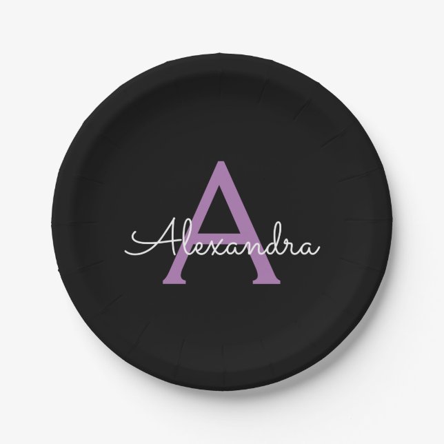 Purple Black Script Girly Monogram Name Paper Plate (Front)