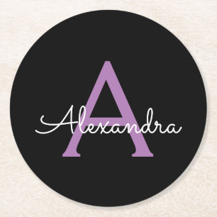 Purple Black Script Girly Monogram Name Round Paper Coaster