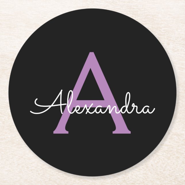 Purple Black Script Girly Monogram Name Round Paper Coaster (Front)