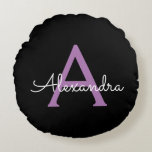 Purple Black Script Girly Monogram Name Round Pillow<br><div class="desc">Black and Purple Simple Script Monogram Name Pouf Pillow. The pillow makes the perfect sweet 16 birthday,  wedding,  bridal shower,  baby shower or bachelorette party gift for someone decorating her room in rose gold.</div>