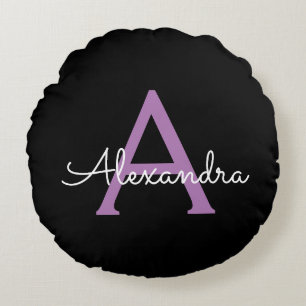Purple Black Script Girly Monogram Name Round Pillow