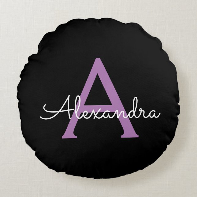 Purple Black Script Girly Monogram Name Round Pillow (Front)