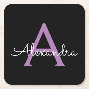 Purple Black Script Girly Monogram Name Square Paper Coaster