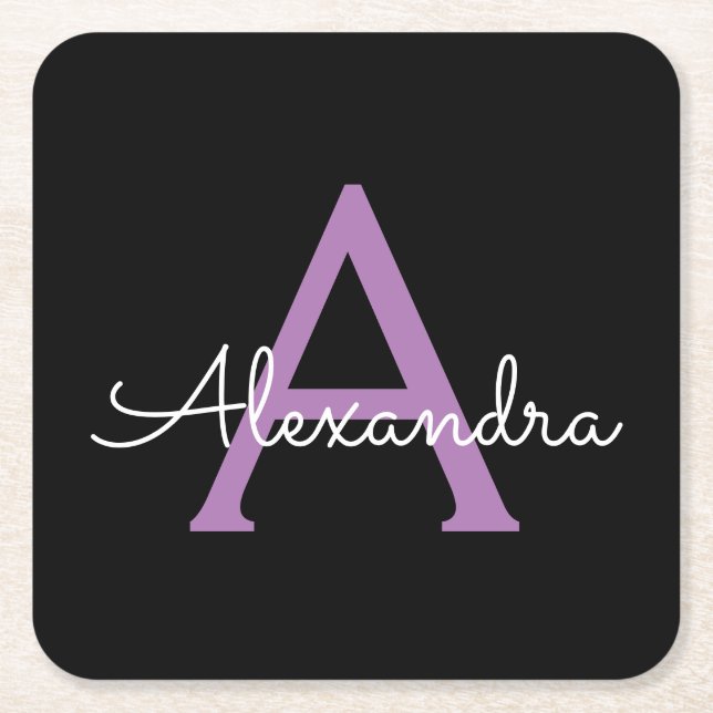 Purple Black Script Girly Monogram Name Square Paper Coaster (Front)