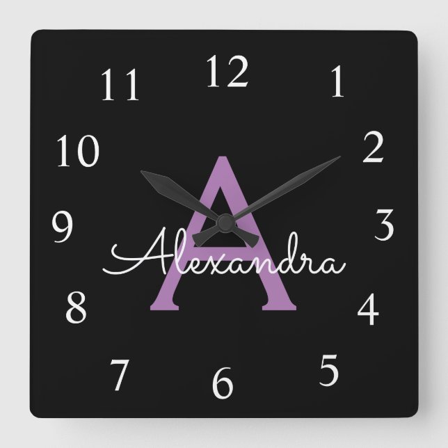 Purple Black Script Girly Monogram Name Square Wall Clock (Front)