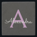 Purple Black Script Girly Monogram Name Stone Coaster<br><div class="desc">Black and Purple Simple Script Monogram Name Stone Tile. This makes the perfect graduation,  sweet 16 birthday,  wedding,  bridal shower,  anniversary,  baby shower or bachelorette party gift for someone that loves glam luxury and chic styles.</div>