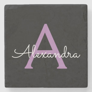 Purple Black Script Girly Monogram Name Stone Coaster