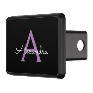Purple Black Script Girly Monogram Name Trailer Hitch Cover