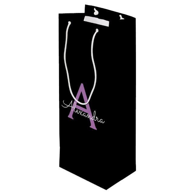 Purple Black Script Girly Monogram Name Wine Gift Bag (Back Angled)