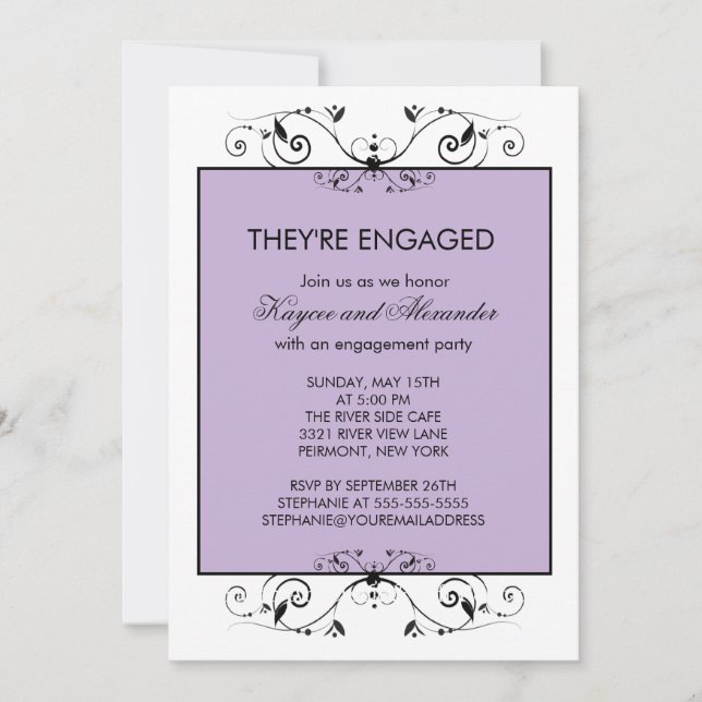 Purple & Black Scroll Engagement Invitations (Front)