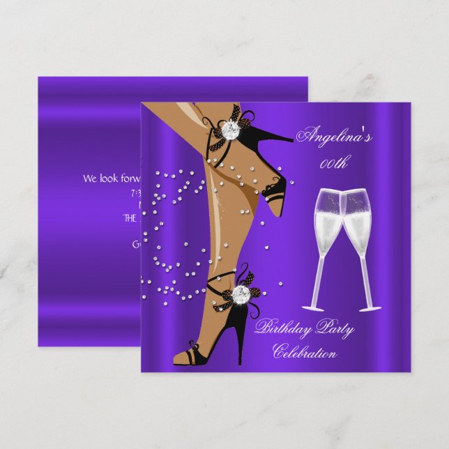 Purple Black Shoes Champagne Glass Birthday Party Invitation (Front/Back)