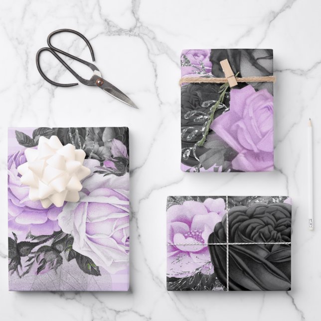PURPLE BLACK SILVER FLOWERS & PATTERNS WRAPPING PAPER SHEET (Front)