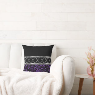 Purple, Black & Silver Quatrefoil and Leopard Throw Pillow