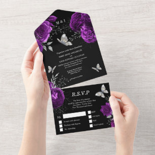 Purple black silver rose elegant butterfly glam  all in one invitation
