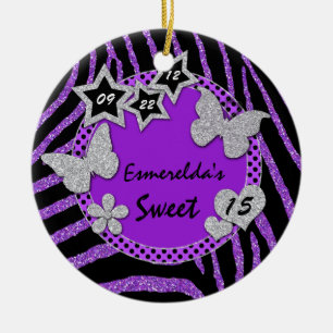 Purple Black Silver Zebra Sweet 15 Photo Ornament