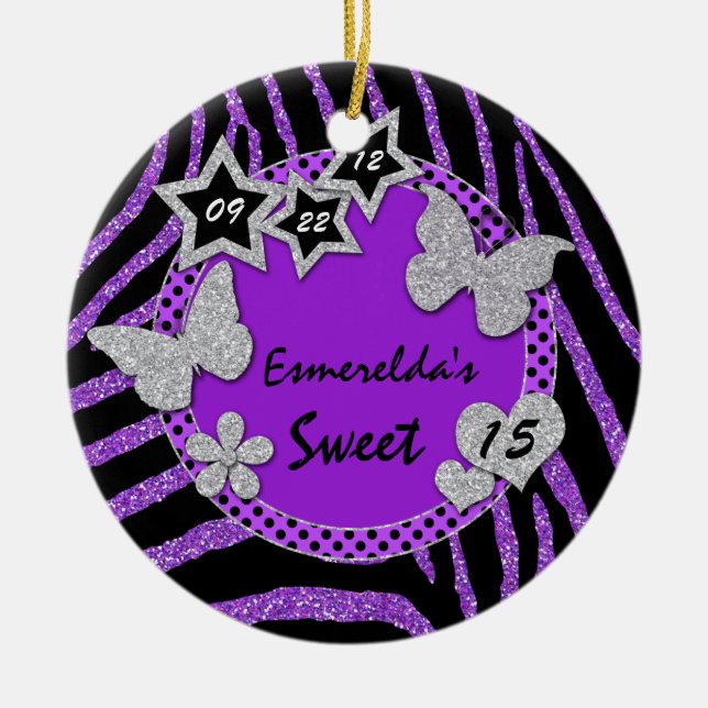 Purple Black Silver Zebra Sweet 15 Photo Ornament (Front)