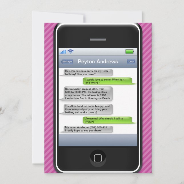 Purple/Black Smart Phone iParty Birthday Party Invitation (Front)