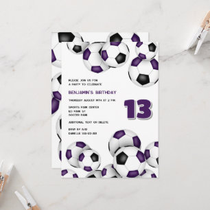 purple black soccer balls boys girls birthday invitation