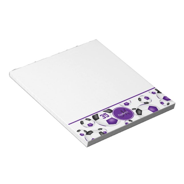 purple black soccer balls pattern accent her name  notepad (Angled)