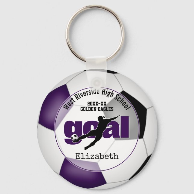 purple black soccer goal girls team spirit keychain (Front)