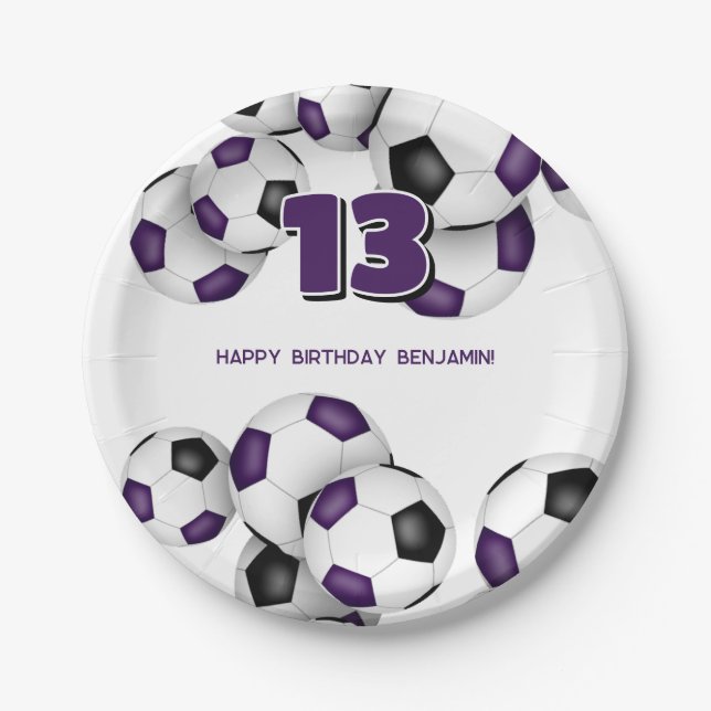 purple black soccer team colours birthday party paper plate (Front)