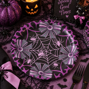 Purple Black Spider Web Bow Halloween Paper Plate