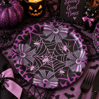 Purple Black Spider Web Bow Halloween Paper Plate