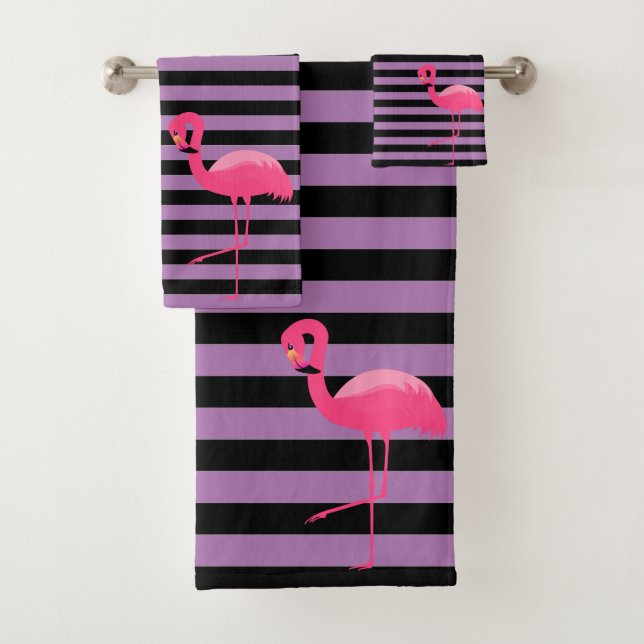 PURPLE BLACK STRIPE FLAMINGO BATHROOM TOWEL SET (Insitu)