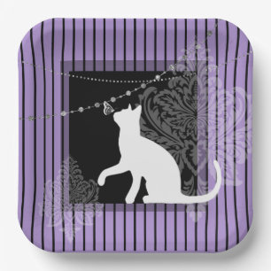 Purple black stripes, and white cat  paper plate